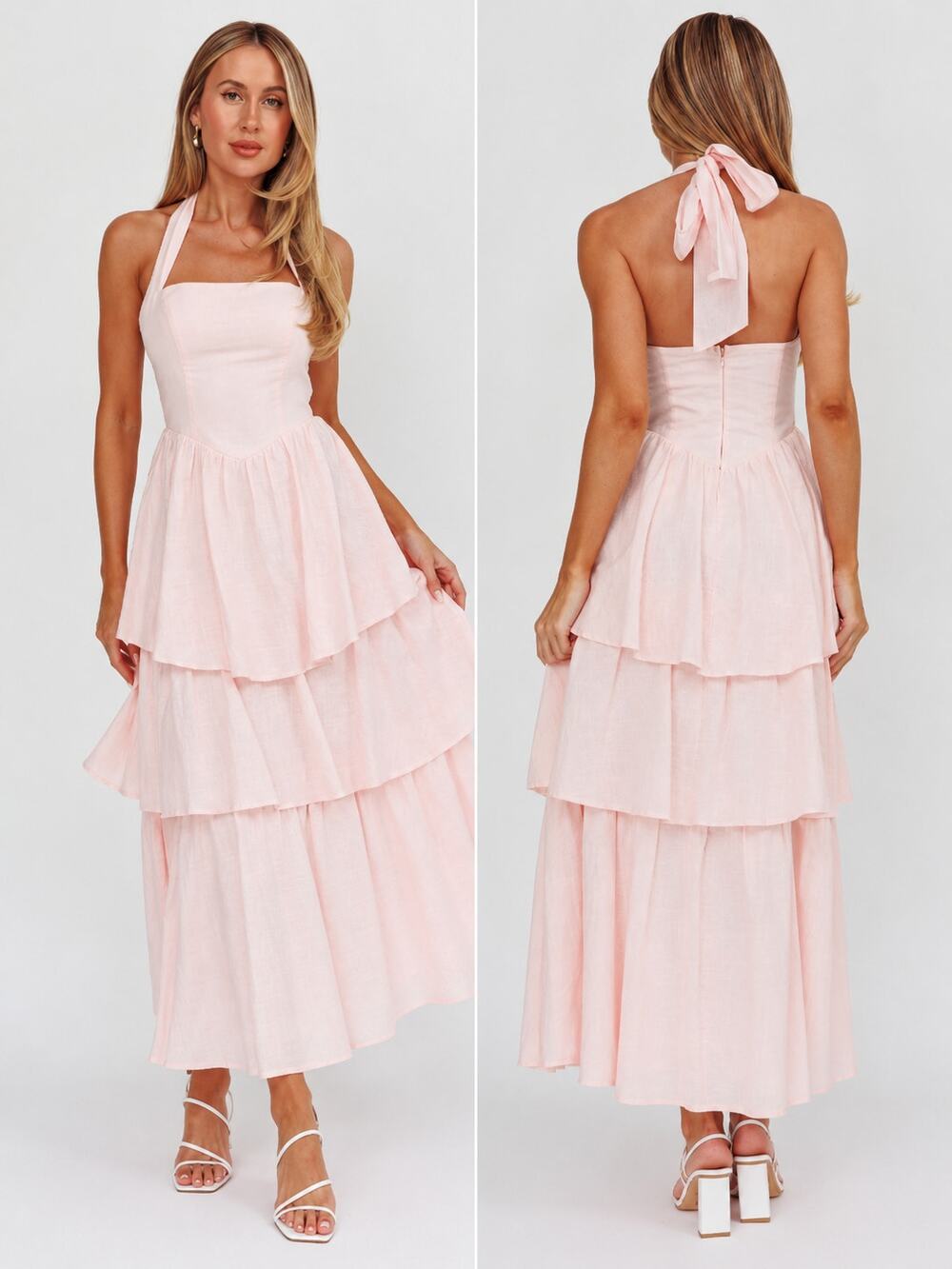 Here Comes The Sun Shaya Tiered Ruffle Maxi Dress Halter Tie Neck Open Back Pink